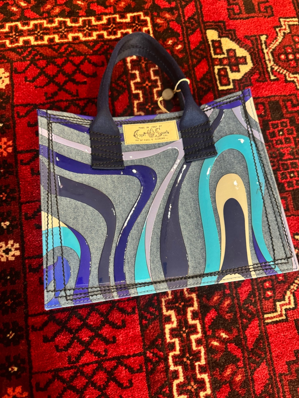 Emilio Pucci Marmo Tote Bag Blue Denim Leather Trim Made in Italy NEW NWT - Picture 5 of 8